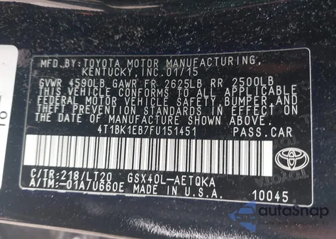 2015 Toyota Avalon Xle Touring from USA, damaged, VIN 4T1BK1EB7FU151451